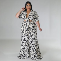 EVE Plus Size Print Tie Up Tops And Wide Leg Pants 2 Piece Set BMF-0305