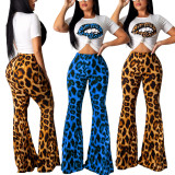 EVE Plus Size Leopard Lips Print T Shirts And Flare Pants Two Piece Set SH-390491