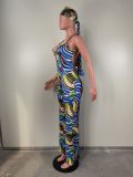 EVE Sleeveless Sling Painted Print Backless jumpsuit(With Headscarf) LSL-6516