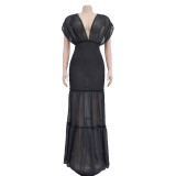 EVE Solid Pleated Deep V Neck Maxi Dress BY-6363