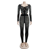 EVE Sexy Mesh Long Sleeve Hot Drill Bodysuit And Pants 2 Piece Set BY-6389