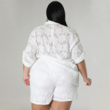 EVE Plus Size Solid 3/4 Sleeve Chiffon Top Two Piece Shorts Set NNWF-7883