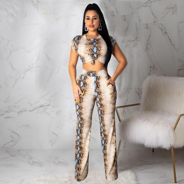 EVE Snake Print Short Sleeve Two Piece Pants Set CHY-1365