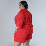 EVE Plus Size Solid 3/4 Sleeve Chiffon Top Two Piece Shorts Set NNWF-7883