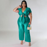 EVE Plus Size Solid Color Tie Up And Wide Leg Pants Two Piece Set NNWF-7888