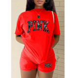 EVE Plus Size PINK Letter Print T-shirt And Shorts Two Piece Set GMZD-M3111P41