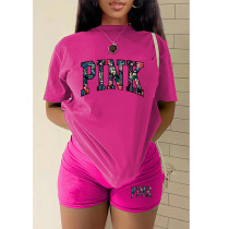 EVE Plus Size PINK Letter Print T-shirt And Shorts Two Piece Set GMZD-M3111P41