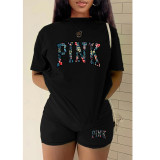 EVE Plus Size PINK Letter Print T-shirt And Shorts Two Piece Set GMZD-M3111P41