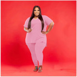 EVE Plus Size Pink Letter Print Two Piece Pants Set WAF-77580