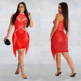 EVE Solid Color Mesh Hot Drill Mini Dress BY-6353