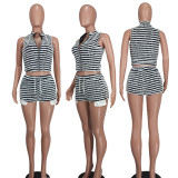 EVE Sleeveless Stripe Zipper Two Piece Shorts Set YD-8752