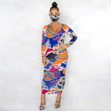 EVE Fashion Print Long Sleeve Maxi Dress(Without Mask) LUO-6608