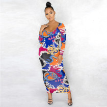 EVE Fashion Print Long Sleeve Maxi Dress(Without Mask) LUO-6608