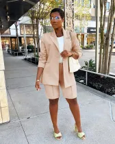 EVE Solid Long Sleeve Blazer Coat And Shorts Two Piece Set AIL-245