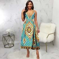 EVE Print Sleeveless V Neck Long Dress SMR-11905