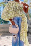 EVE Plus Size Fashion Print Single Shoulder Flare Sleeve Tops OD-8526