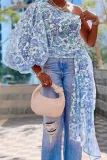 EVE Plus Size Fashion Print Single Shoulder Flare Sleeve Tops OD-8526