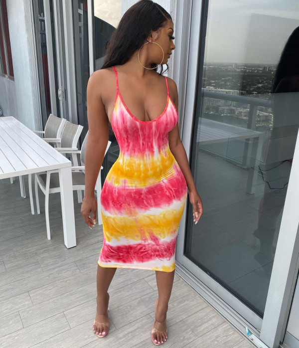 EVE Tie Dye Print Sling Backless Midi Dress SMD-23008