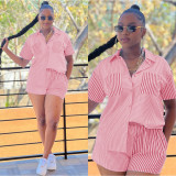 EVE Casual Stripe Short Sleeve Shirt Two Piece Shorts Set LUO-6710