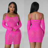 EVE Sexy Mesh Hot Diamond Sling Mini Dress BY-6507