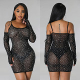 EVE Sexy Mesh Hot Diamond Sling Mini Dress BY-6507