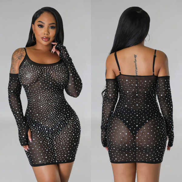 EVE Sexy Mesh Hot Diamond Sling Mini Dress BY-6507