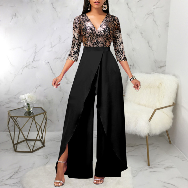 EVE Priint Patchwork V Neck Jumpsuit SMR-12074