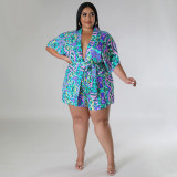 EVE Plus Size Casual Print Tie Up Two Piece Shorts Set NNWF-7889