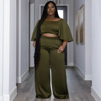 EVE Plus Size Short Sleeve Wide Leg Pants 2 Piece Set NNWF-7896