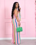 EVE Plus Size Colorful Stripe Halter Loose Two Piece Pants Set XMF-MY302