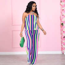 EVE Plus Size Colorful Stripe Halter Loose Two Piece Pants Set XMF-MY302