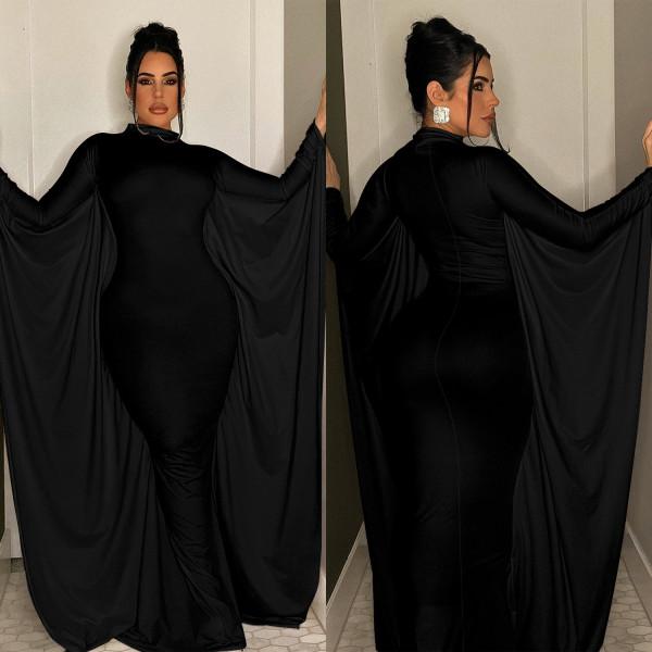 EVE Solid Color Bat Long Sleeve Slim Maxi Dress BY-6575