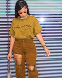 EVE Letter Embroidery Holes Denim Two Piece Pants Set MEM-88505