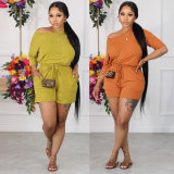 EVE Plus Size Solid Color Loose Two Piece Shorts Set NY-2783