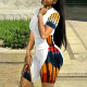 EVE Plus Size Color Block Print Sport Two Piece Shorts Set HNIF-027