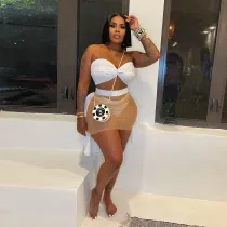 EVE Mesh Splicing See Through Solid Wrap Chest Swimsuit 3-Piece Set NY-K2803