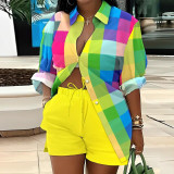 EVE Plus Size Colorful Print Long Sleeve Shirt Two Piece Shorts Set NY-K2799