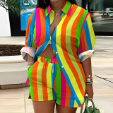 EVE Plus Size Colorful Print Long Sleeve Shirt Two Piece Shorts Set NY-K2799