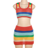 EVE Color Block Knit Crop Tops And Skirt 2 Piece Set XEF-W23S31549