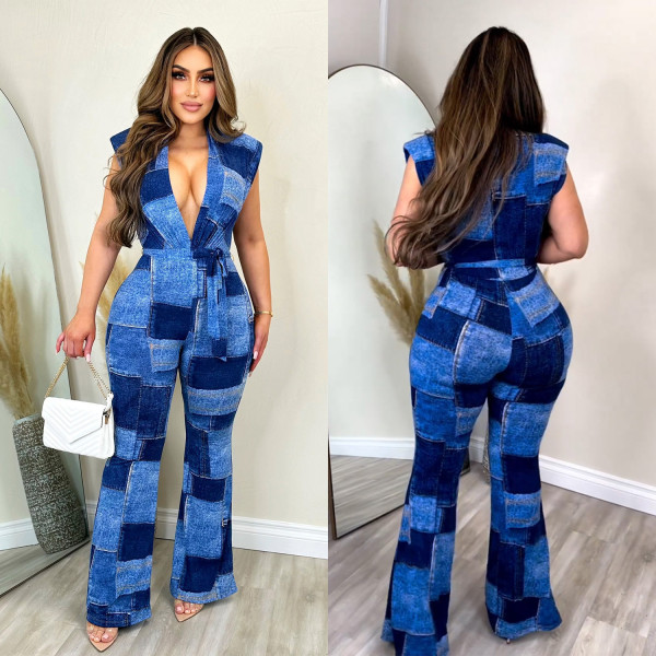 EVE Denim Print Tie Up Sleeveless Jumpsuit BY-C6627