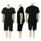 EVE Plus Size Casual Solid Color Round Neck Short Sleeve T-Shirt Shorts Suit BMF-0310