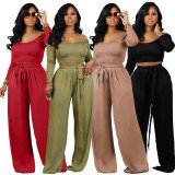 EVE Solid Color Knit Tie Up Loose Two Piece Pants Set YIM-358