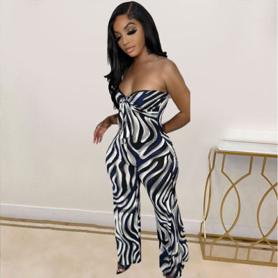 EVE Plus Size Print Tube Tops Tie Up Micro-Flare Jumpsuit NY-10562