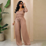 EVE Solid Color Knit Tie Up Loose Two Piece Pants Set YIM-358