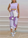EVE Sleeveless Crop Tops And Print Slit Skirt 2 Piece Set SH-S390480