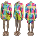 EVE Plus Size Colorful Print Long Sleeve Shirt Two Piece Shorts Set NY-K2799