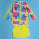 EVE Plus Size Colorful Print Long Sleeve Shirt Two Piece Shorts Set NY-K2799