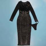 EVE Plus Size Feather Mesh Splicing Hot Drill Midi Dress NY-K2798
