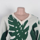 EVE Leaf Print V-neck Long Sleeve Sweater Two Piece Shorts Set NY-098