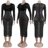 EVE Plus Size Feather Mesh Splicing Hot Drill Midi Dress NY-K2798